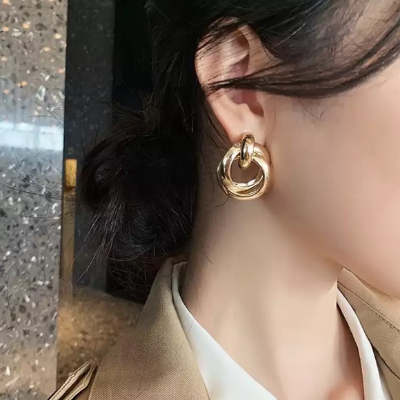 Stainless Steel Pendant Gold Double Hoop Earrings - Picture 4 of 6